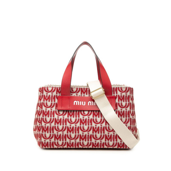 OTHERS Handbags - Miu Miu Miu Canapa Jacquard Handbag Shoulder Bag 2WAY 5BA085 Red Canvas Leath...